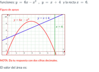 funciones: \( y=6 x-x^{2}, y=x+4 \) y la recta \( x=6 \). Figura de apowo NOTA: Da tu respuesta con dos cifras decimales. El