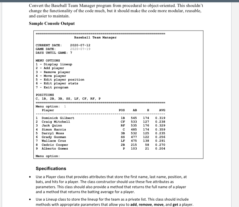 Solved Convert the Baseball Team Manager program from | Chegg.com