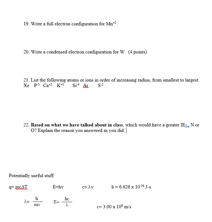 Solved 19. Write a full electron configuration for Mn+2. 20. | Chegg.com