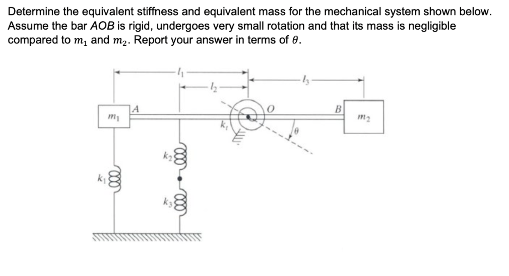 Determine the equivalent stiffness and equivalent mass for the mechanical system shown below. Assume the bar \( A O B \) is r