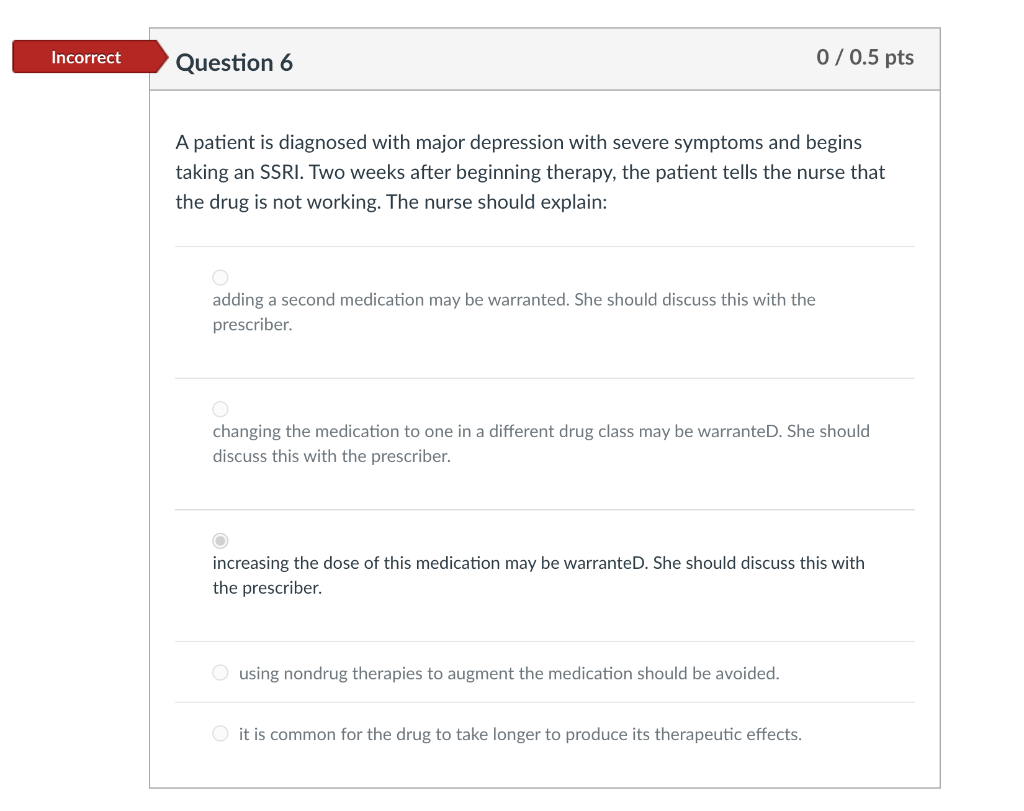 Incorrect Question 6 0/0.5 pts A patient is diagnosed with major depression with severe symptoms and begins taking an SSRI. T