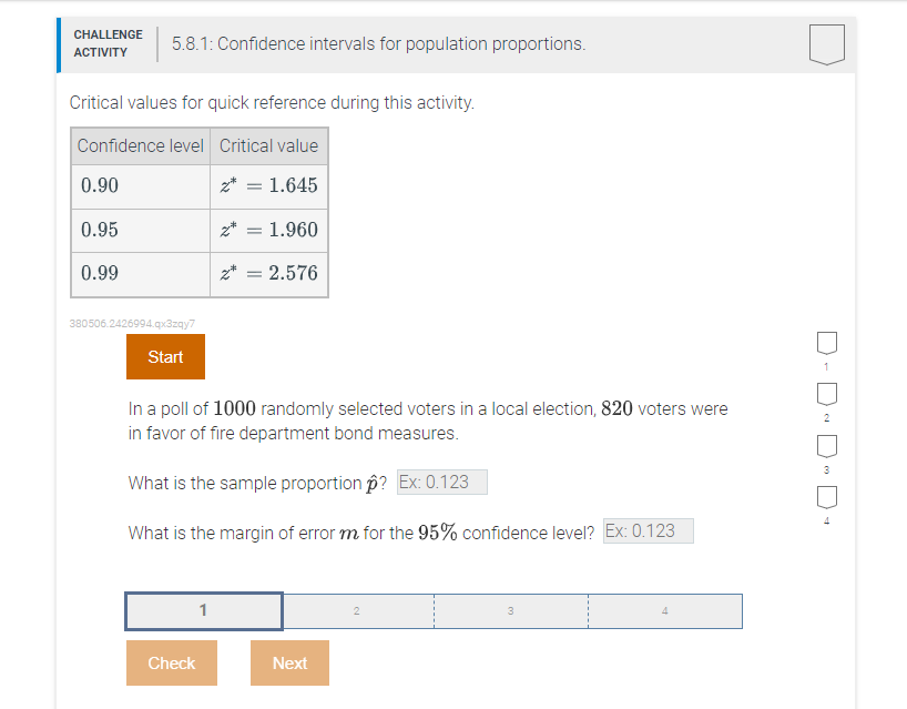 Solved CHALLENGE ACTIVITY 5.8.1: Confidence intervals for | Chegg.com