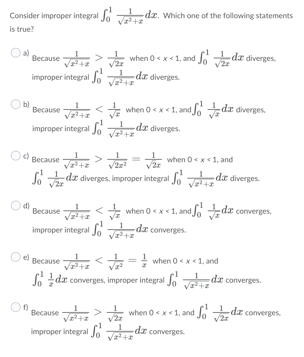 Solved Consider Improper Integral 1 Dx. Which One Of The 