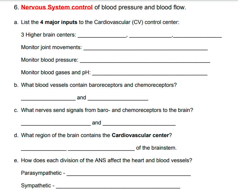 Solved 6. Nervous System control of blood pressure and blood | Chegg.com
