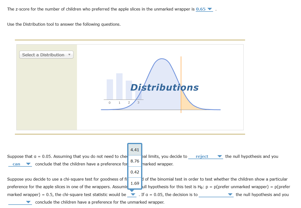 The z-score for the number of children who preferred the apple slices in the unmarked wrapper is
Use the Distribution tool to