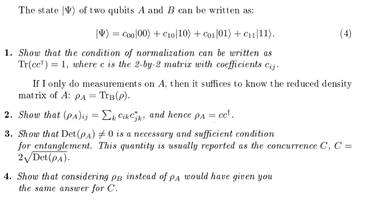 Solved The state V) of two qubits A and B can be written as: | Chegg.com