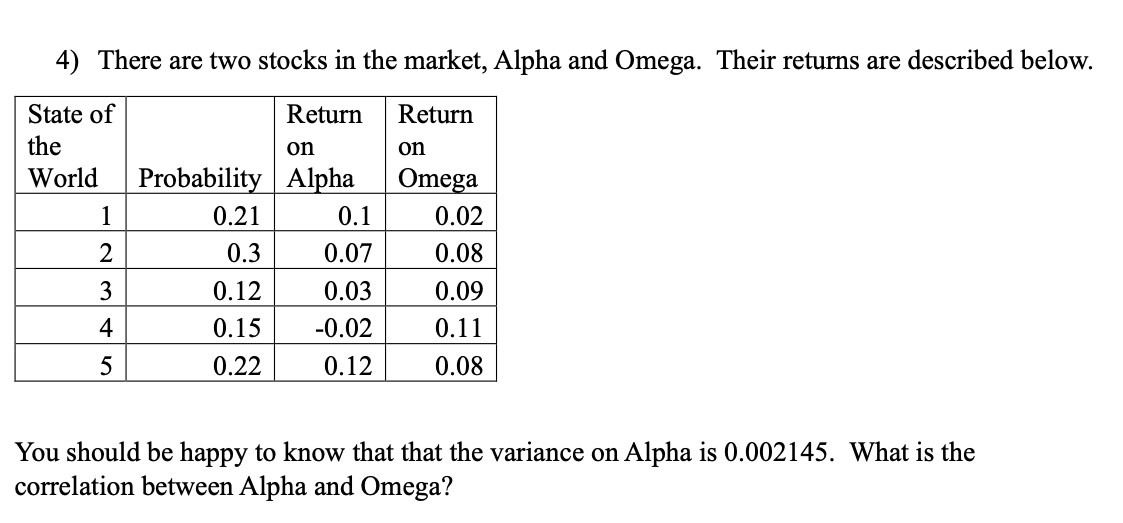 Solved 4) There are two stocks in the market, Alpha and | Chegg.com