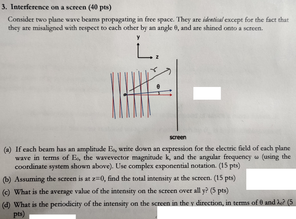Solved 3. Interference on a screen (40 pts) Consider two | Chegg.com