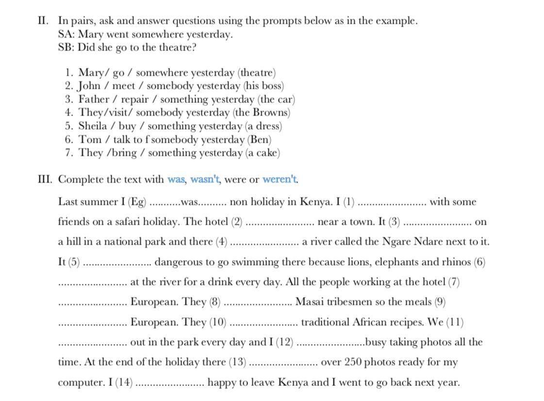 Solved II. In pairs, ask and answer questions using the | Chegg.com