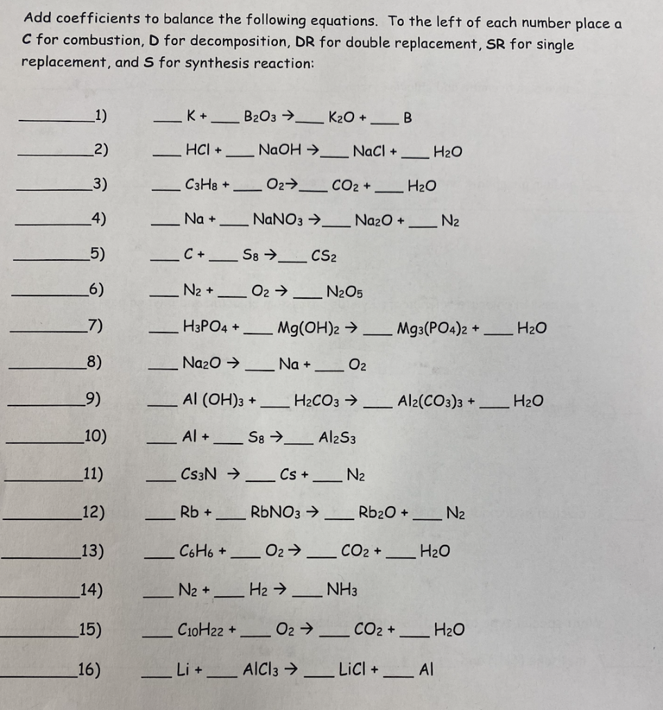 Solved Add coefficients to balance the following equations. | Chegg.com