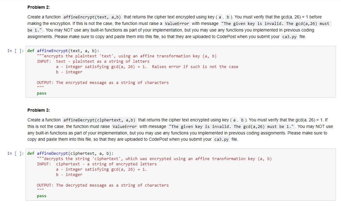 Solved Problem 2: Create a function affine Encrypt(text, | Chegg.com