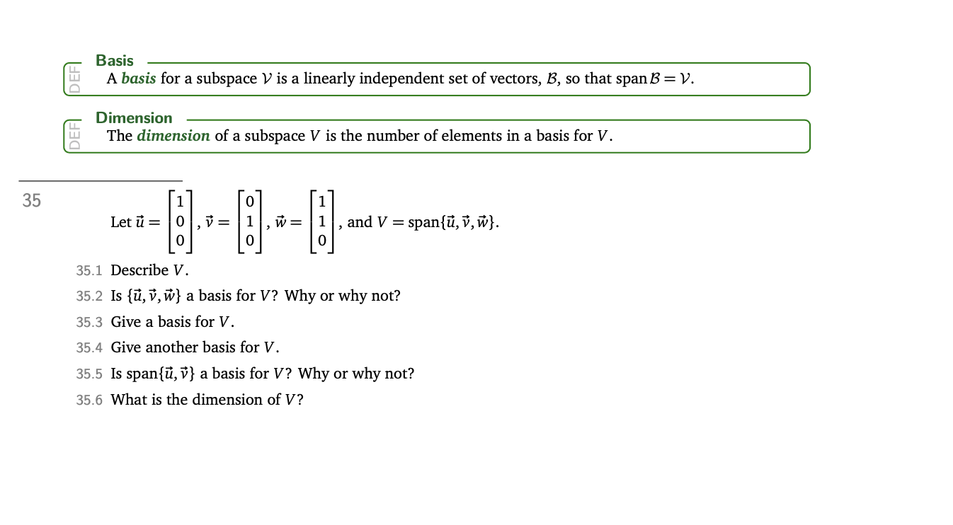 Solved Basis A Basis For A Subspace V Is A Linearly | Chegg.com