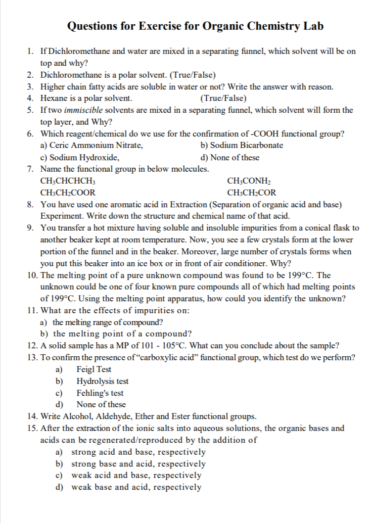 Solved Questions for Exercise for Organic Chemistry Lab 1. | Chegg.com