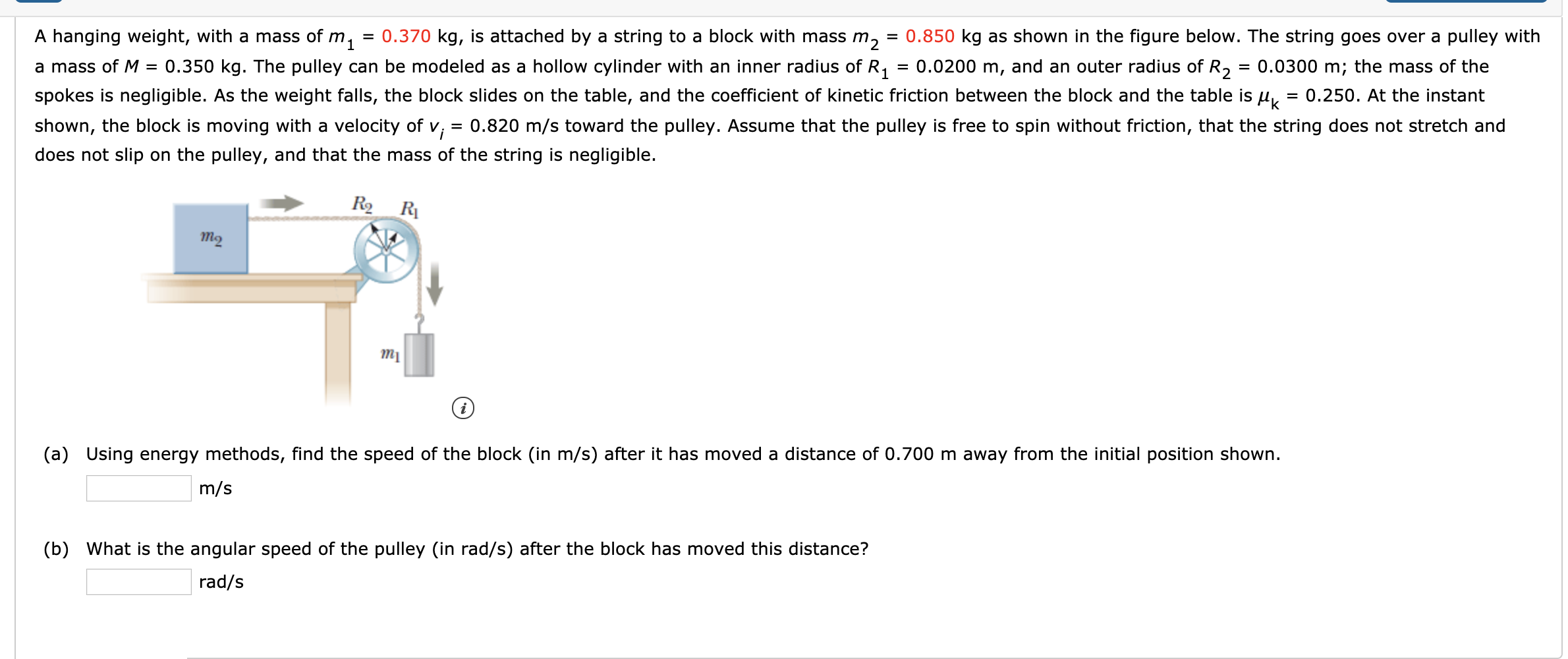 Solved A hanging weight, with a mass of m, = 0.370 kg, is | Chegg.com