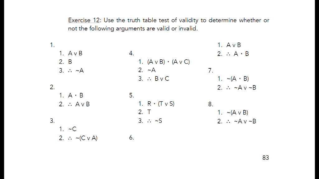 Solved Exercise 12: Use the truth table test of validity to  Chegg.com