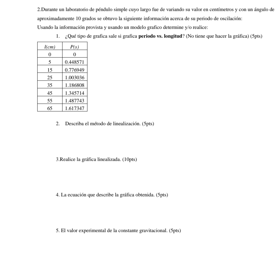 2.Durante un laboratorio de péndulo simple cuyo largo fue de variando su valor en centímetros y con un ángulo de aproximadame