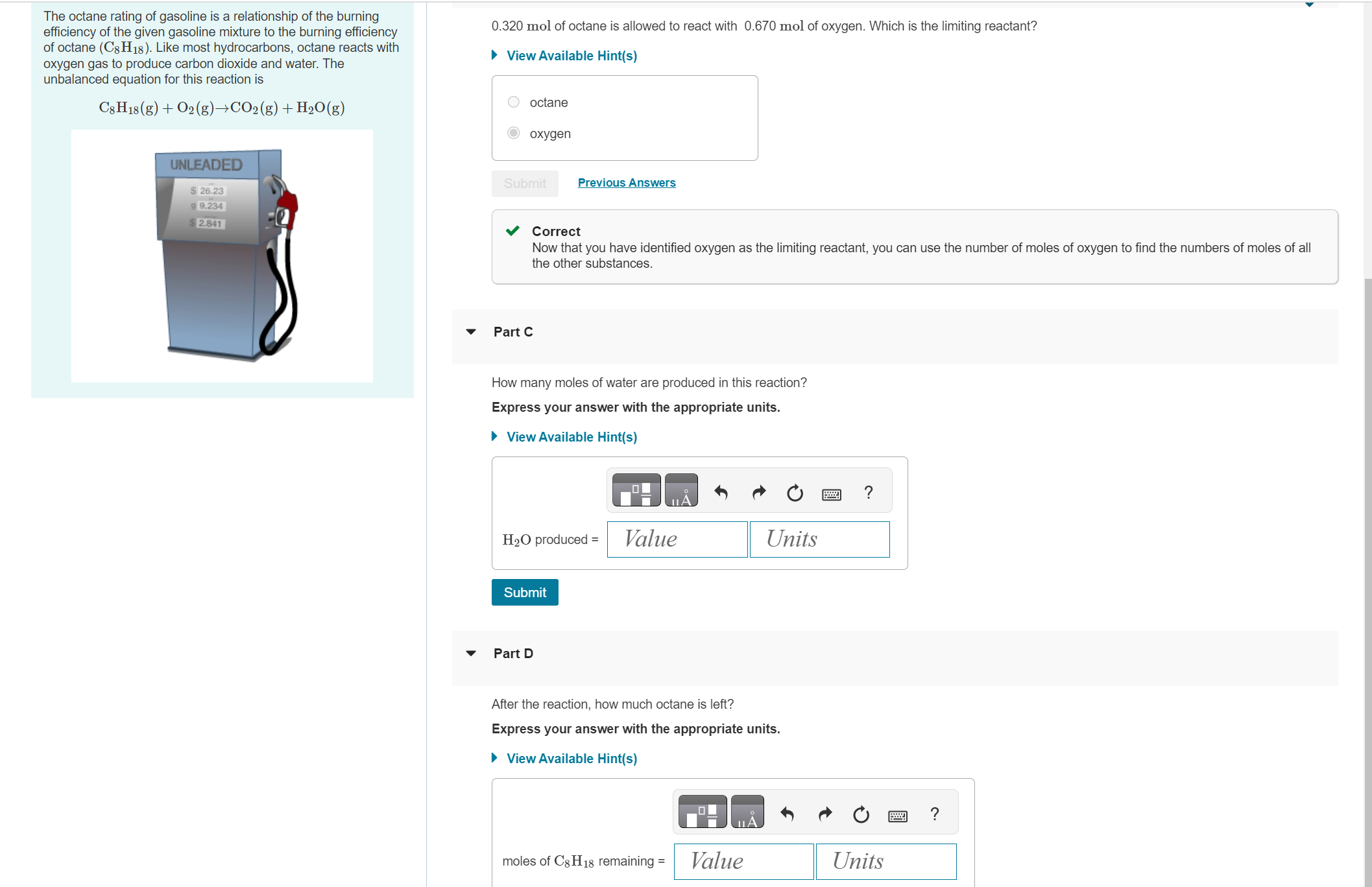 Solved The Octane Rating Of Gasoline Is A Relationship Of | Chegg.com