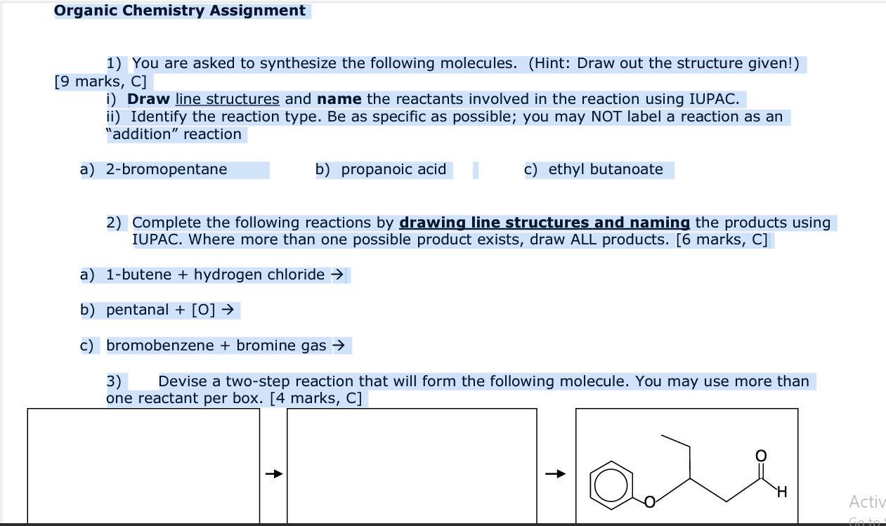 Solved Organic Chemistry Assignment 1) You Are Asked To | Chegg.com