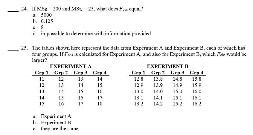 Solved 24. If MSB = 200 and MSw=25, what does Fobs equal? a. | Chegg.com