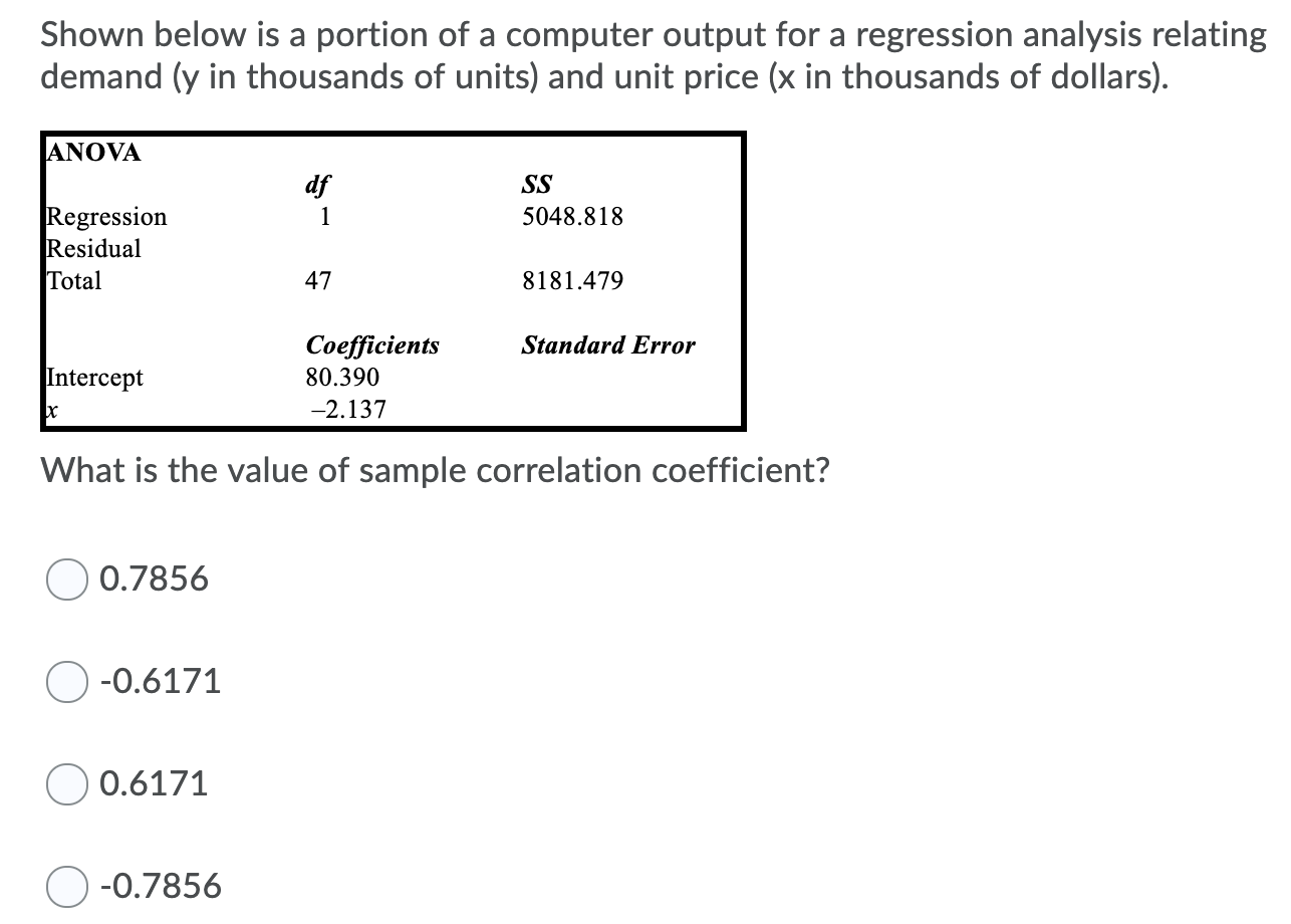 Solved Shown below is a portion of a computer output for a | Chegg.com