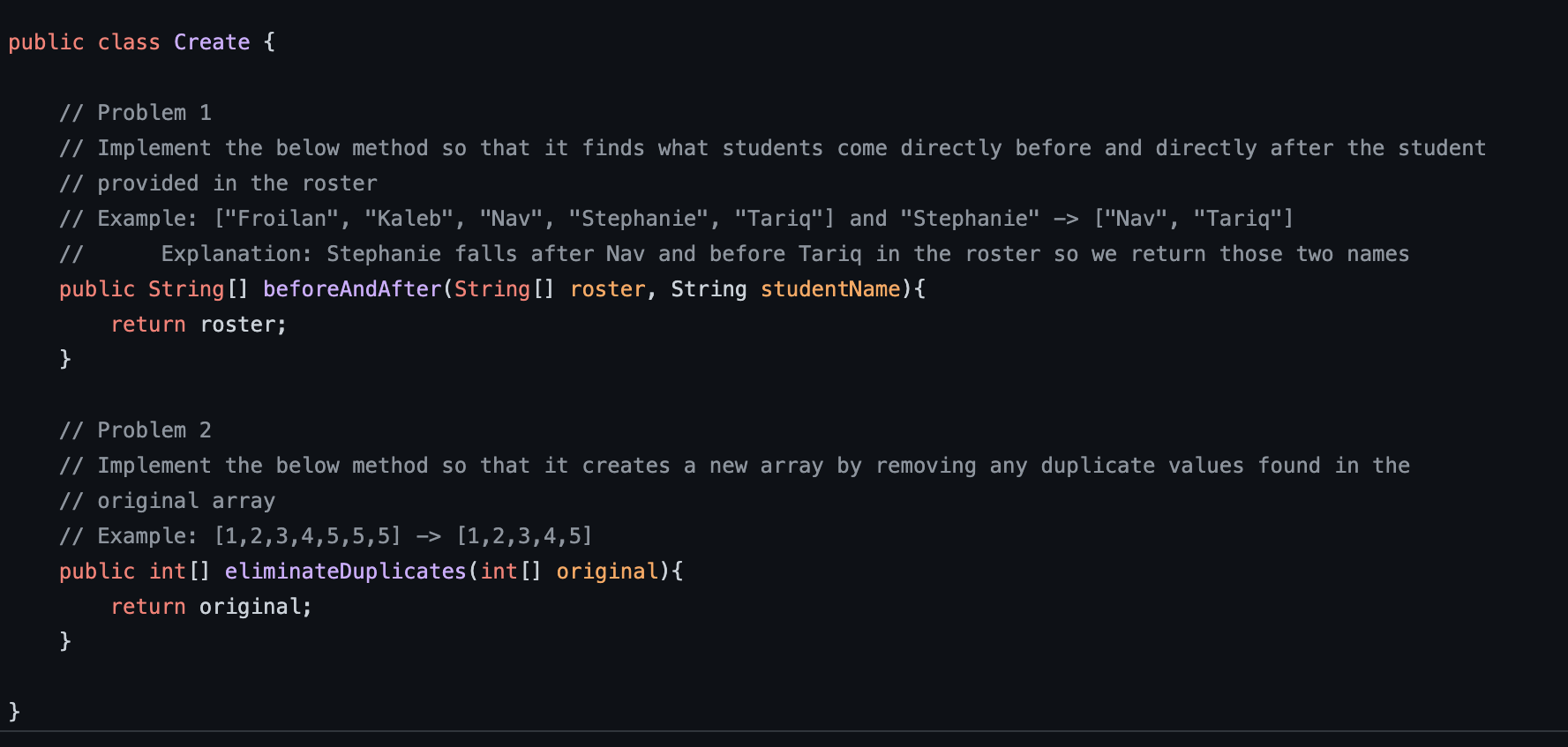 Solved public class Create { // Problem 1 // Implement the | Chegg.com
