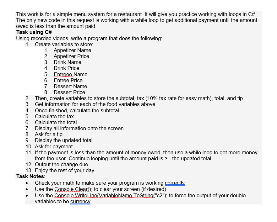 Solved This work is for a simple menu system for a | Chegg.com