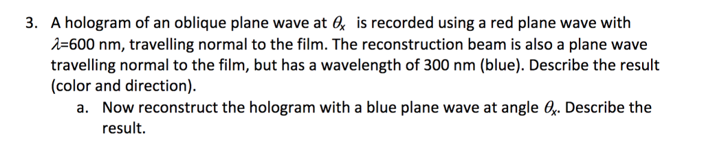 3. A hologram of an oblique plane wave at 6x is | Chegg.com