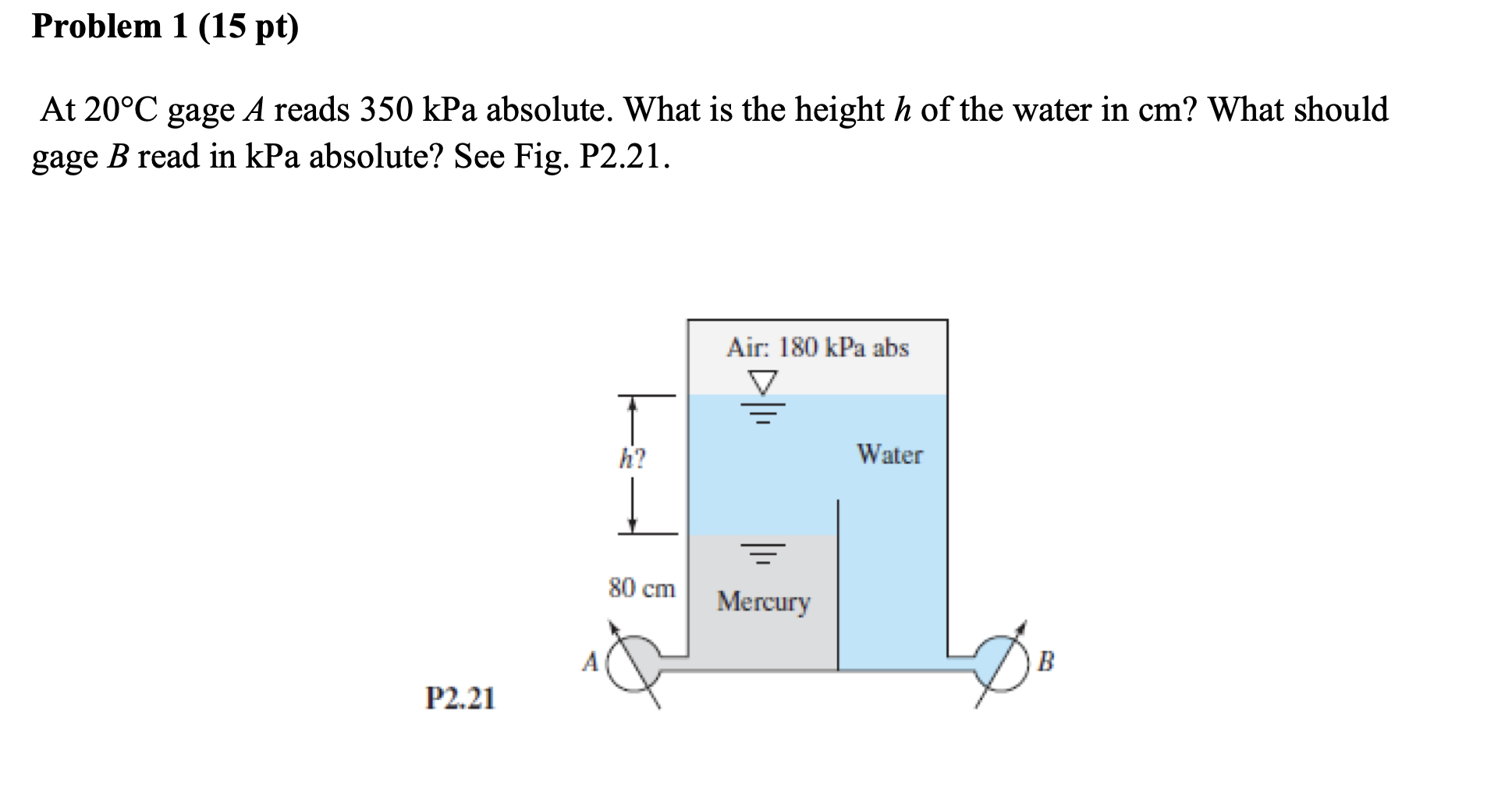 Solved Problem 1 (15 pt) At 20°C gage A reads 350 kPa | Chegg.com