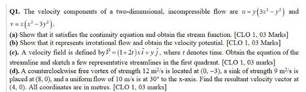 Solved Q1. The velocity components of a two-dimensional, | Chegg.com