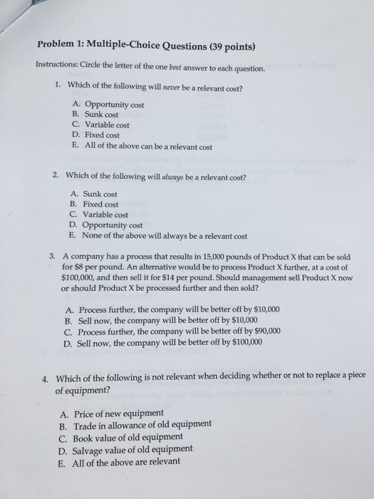 Solved Problem 1: Multiple-Choice Questions (39 Points) | Chegg.com