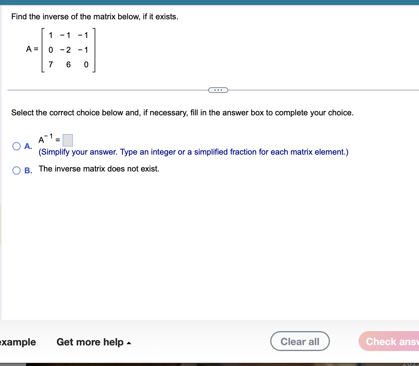 Solved Find the inverse of the matrix below, if it exists. | Chegg.com