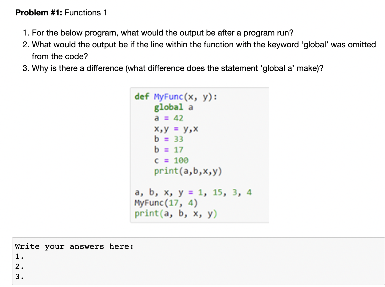 Solved Problem #1: Functions 1 1. For The Below Program, | Chegg.com