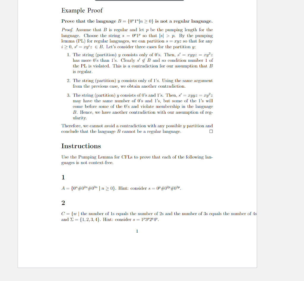 Solved Example Proof Prove that the language B = {0"1"|n>0} | Chegg.com