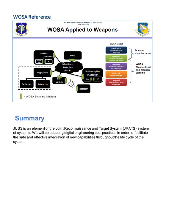 JUSS is an element of the Joint Reconnaissance and Target System (JRATS) system of systems. We will be adopting digital engin