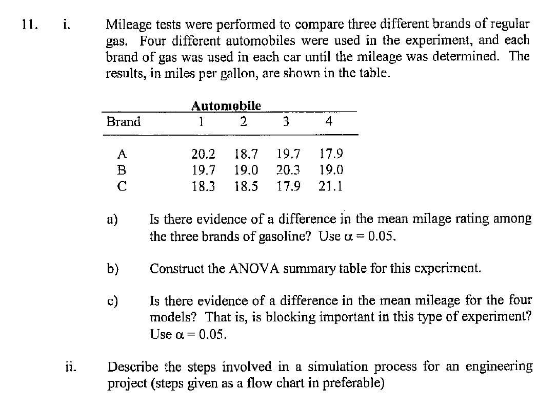Solved 11. i. Mileage tests were performed to compare three | Chegg.com