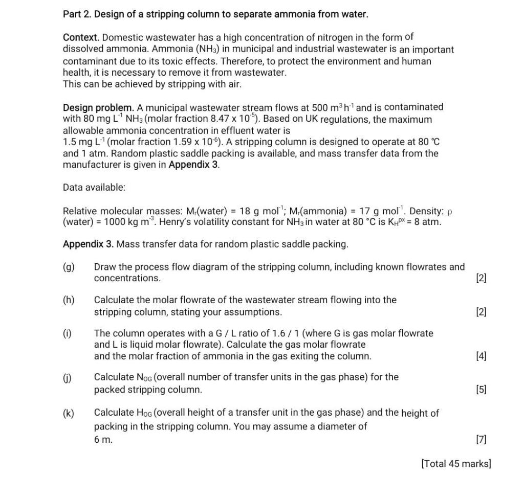 Part 2. Design of a stripping column to separate | Chegg.com