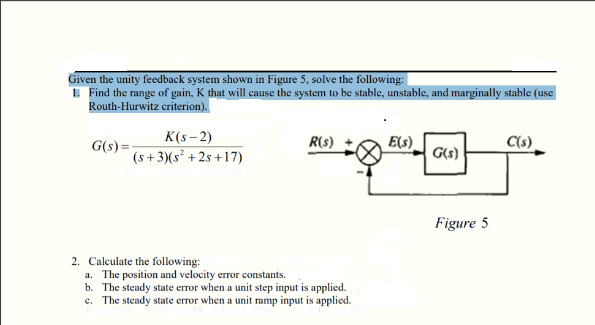 Solved Given the unity feedback system shown in Figure 5. | Chegg.com