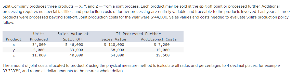 Solved Split Company produces three products −X,Y, and Z - | Chegg.com