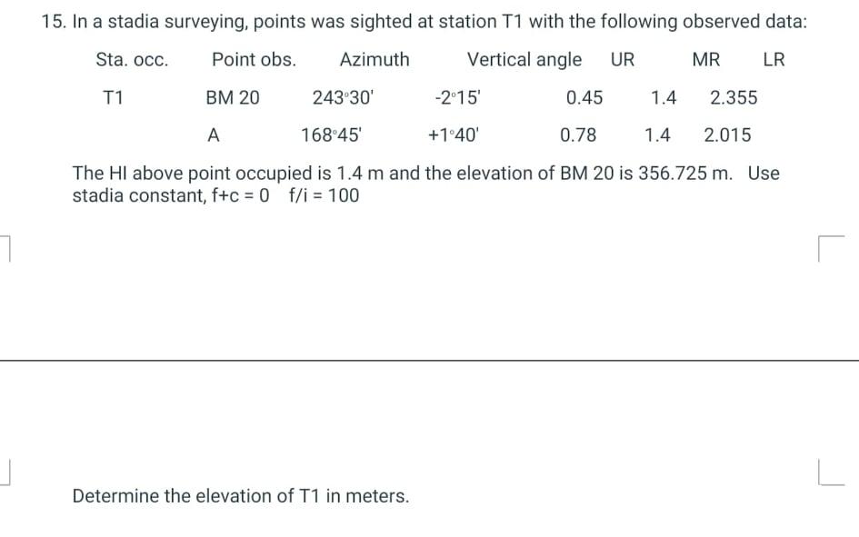 Solved 15. In a stadia surveying, points was sighted at | Chegg.com