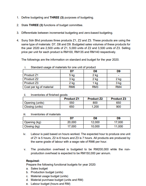 Solved 1. Define budgeting and THREE (3) purposes of