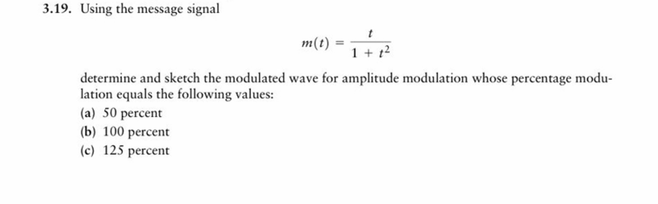Solved 3.19. Using the message signal m(e) = 1+1 1 + t2 | Chegg.com