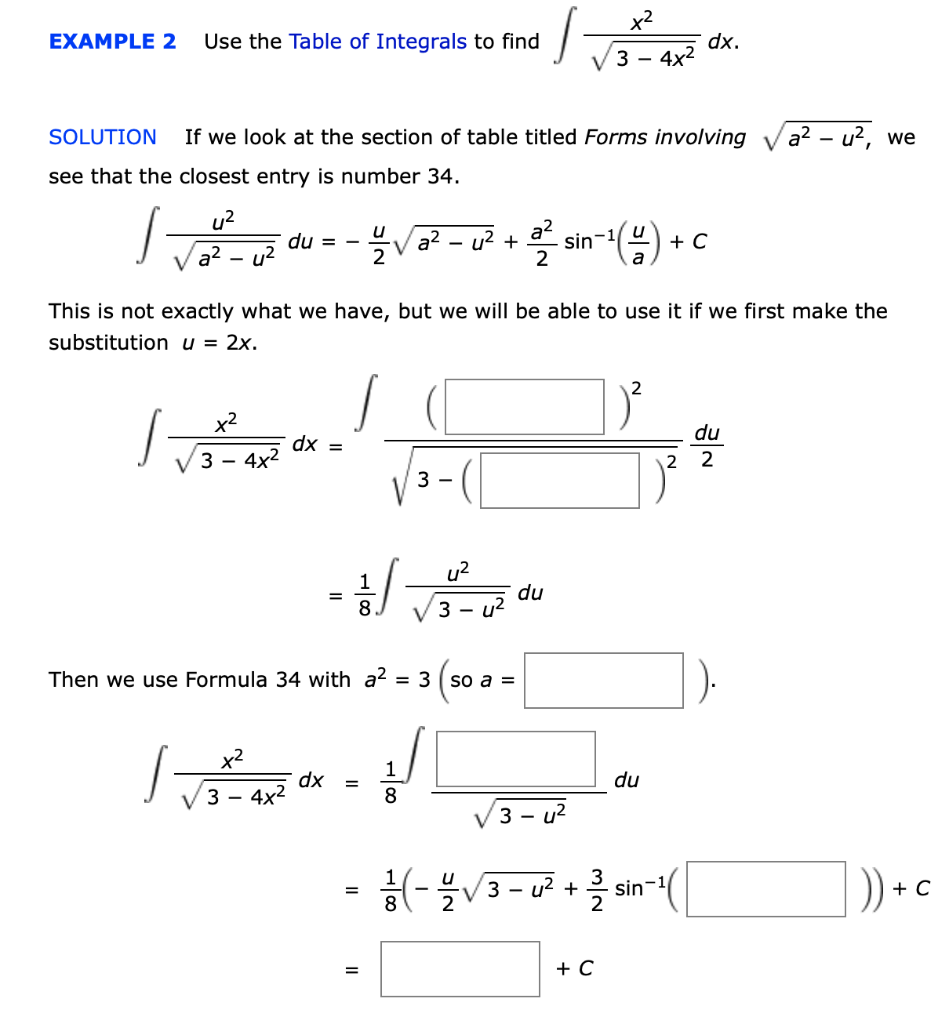 Solved Example 2 Use The Table Of Integrals To Find X2 Dx Chegg Com