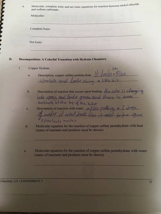 Solved CHEMICAL REACTIONS EXPERIMENT 5 REPORT SHEET Drawer | Chegg.com