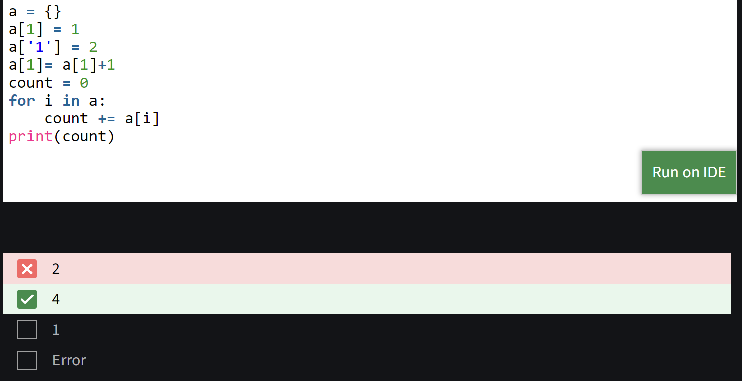 Solved a={}a[1]=1a['1']=2a[1]=a[1]+1count =0for i ﻿in a | Chegg.com