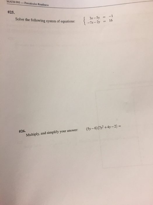 Solved Solve the following system of equations { 3x-5y = -1 | Chegg.com