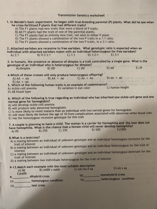 Solved Transmission Genetics worksheet 1. In Mendel's basic | Chegg.com