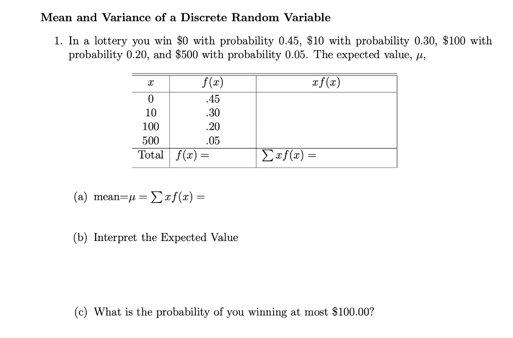 Solved Mean And Variance Of A Discrete Random Variable 1. In | Chegg.com