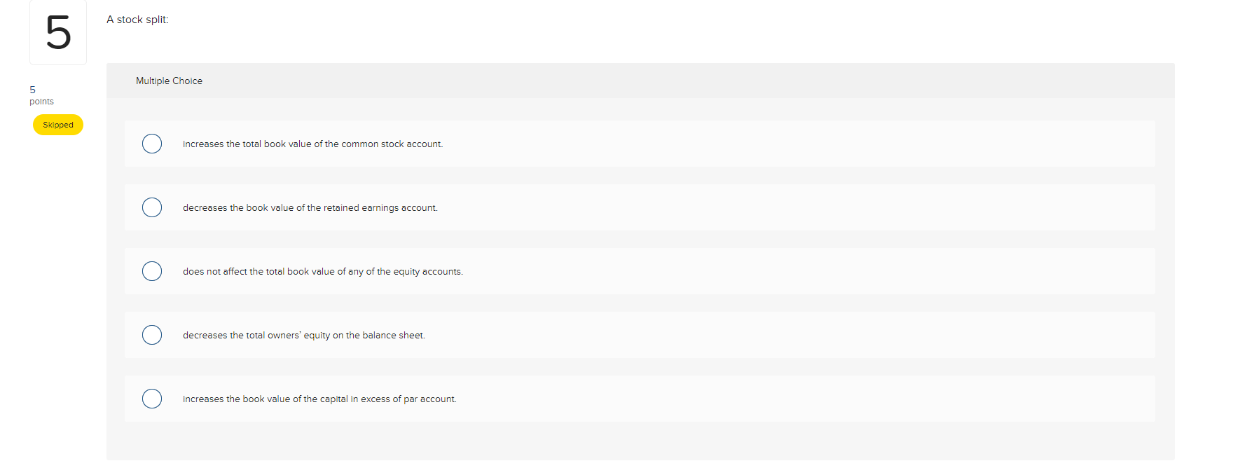 Solved A stock split: 5 Multiple Choice 5 points Skipped O | Chegg.com
