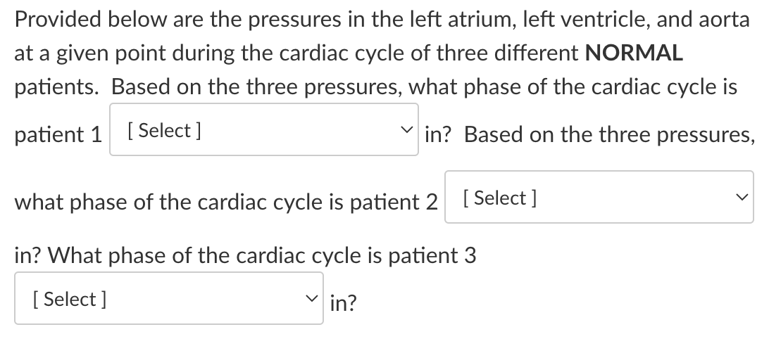 Provided below are the pressures in the left atrium, left ventricle, and aorta at a given point during the cardiac cycle of t