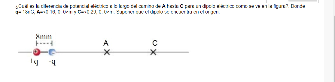 ¿Cuál es la diferencia de potencial eléctrico a lo largo del camino de \( \mathbf{A} \) hasta \( \mathbf{C} \) para un dipolo